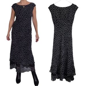 Chadwick’s 100% Silk Black White Polka Dot Midi Dress 2P Retro Rockabilly 90's